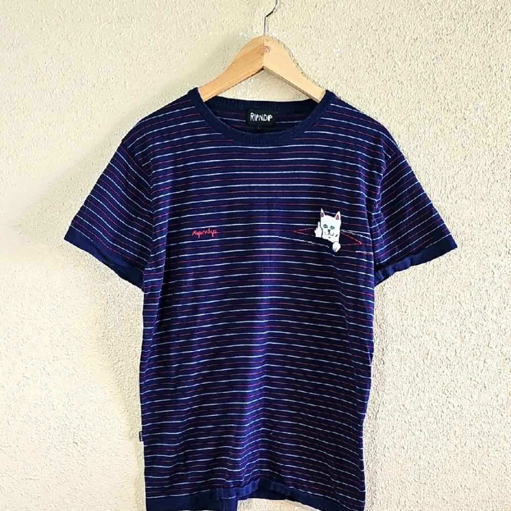 Ripndip Striped T-Shirt with Cat Embroidery.
